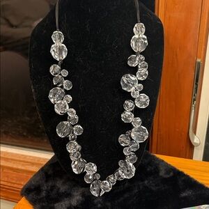 STATEMENT Faceted Clear Acrylic Beaded Necklace w/Black Satin Ribbon